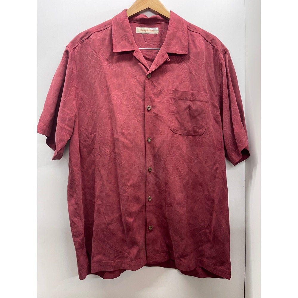 Tommy Bahama Mens Large Burgundy 100% Silk Swirl It Hula Girl Embroidered Shirt